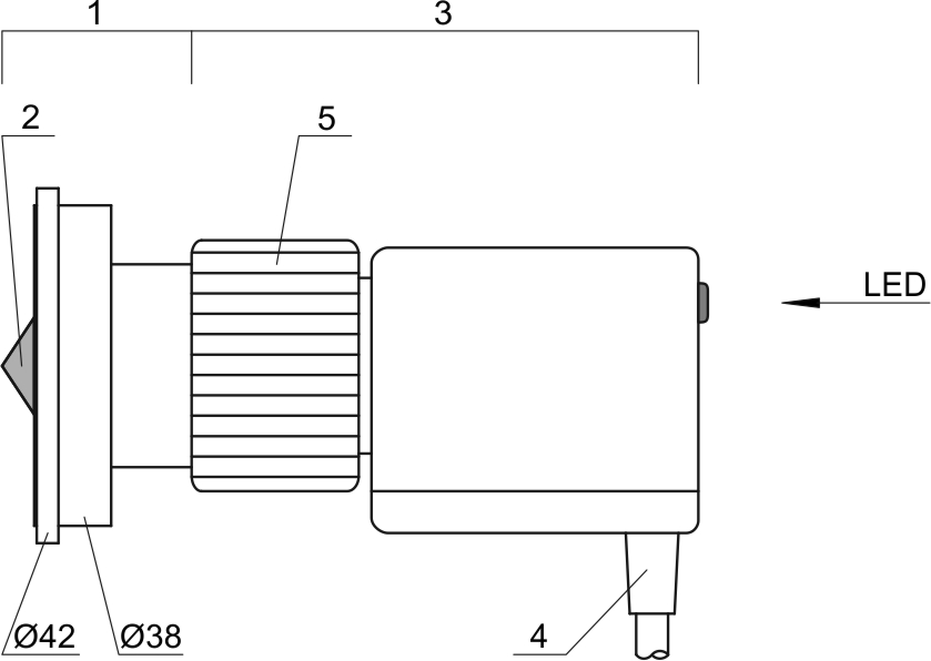 Oil or liquid level monitoring OLC-D1-D, dimensions in mm.1: Prism unit (especially for OLC-D1-D)2: Glass cone3: Opto-electronic unit OLC-D14: Connection cable5: Screwing cap