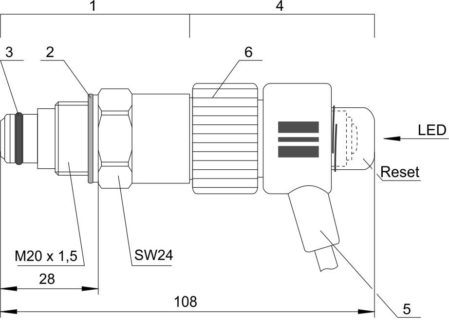 Differential oil pressure switch Delta-P, dimensions in mm.1: Sensor unit2: Metal blanking plate3: O-ring4: Electronic unit (360° rotatable)5: Connection cable6: Screwing cap