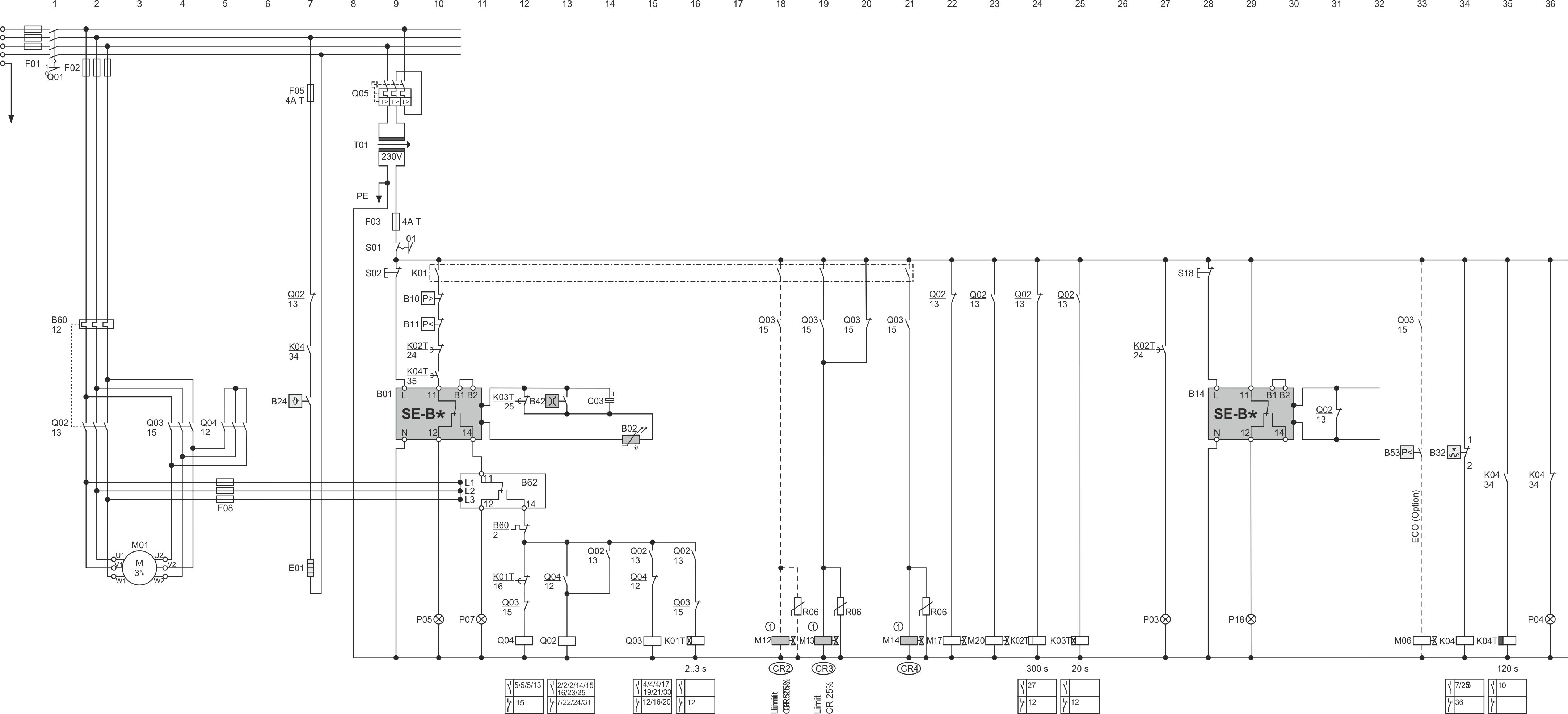 Offene Schraubenverdichter OS.85 mit Schutzgerät SE-B*, Stern-Dreieck-Anlauf und stufenloser Leistungsregelung. Optionen sind mit gestrichelten Linien dargestellt.Die Polung der orangenen Anschlusskabel am SE-B* Schutzgerät muss mit einem Messgerät ermittelt werden.(1): Impulszeit ca. 0,5 bis max. 1 s je nach Anlagencharakteristik