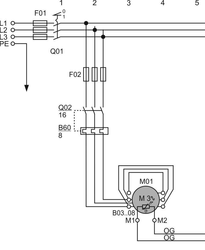 Прямой пуск по схеме треугольник для поршневого компрессораQ02: главный контакторM01: моторB03..08: датчики температуры в обмотке мотора