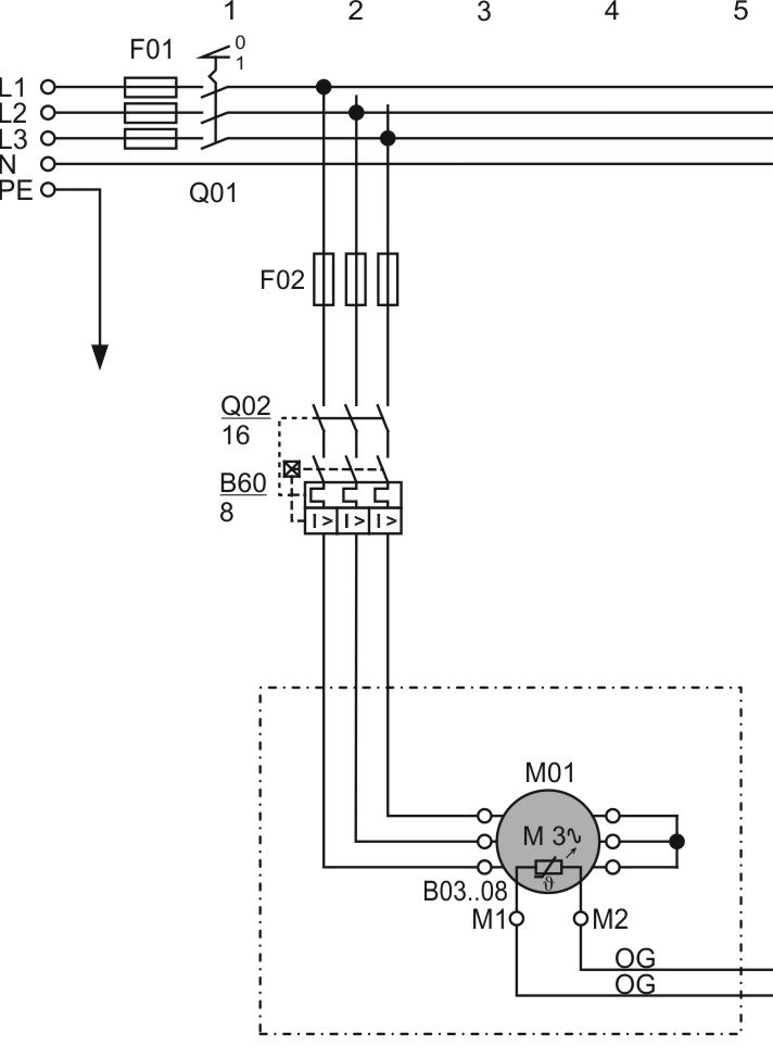Прямой пуск по схеме звезда для поршневого компрессораQ02: главный контакторM01: моторB03..08: датчики температуры в обмотке мотора