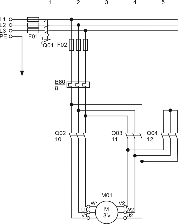 Пуск звезда-треугольник для винтового компрессора OS.85Q02: главный контакторQ03: контактор треугольникаQ04: контактор звезды M01: мотор