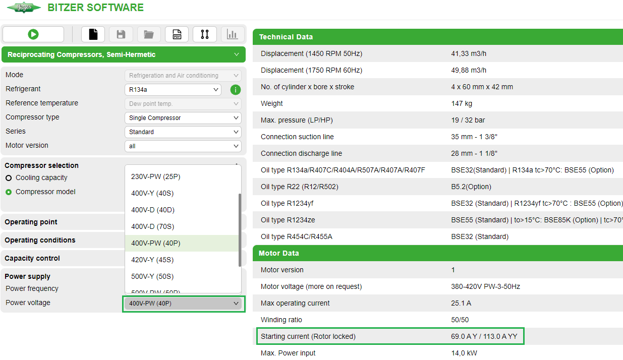 Available motors and motor data for reciprocating compressor 4TES-12Y. "Starting current (Rotor locked)" indicates the measured current (root mean square, RMS) when the rotor is locked.