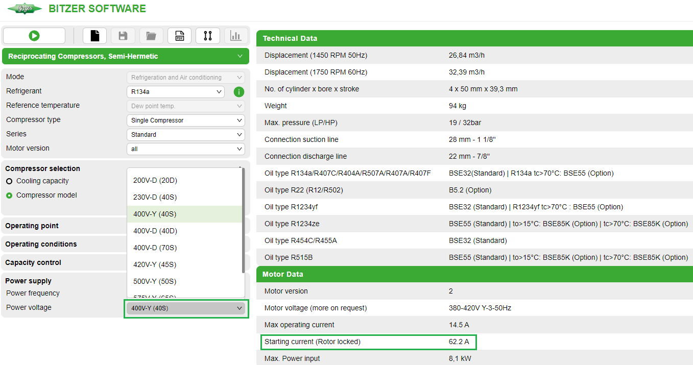 Available motors and motor data for reciprocating compressor 4DES-5Y. "Starting current (Rotor locked)" indicates the measured current (root mean square, RMS) when the rotor is locked.