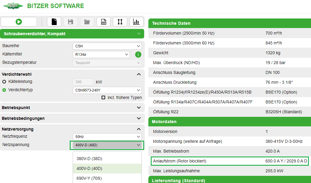 Verfügbare Motoren und Motordaten für Kompaktschraubenverdichter CSH9573-240Y. "Anlaufstrom (Rotor blockiert)" bezeichnet den gemessenen Strom (Effektivwert), wenn der Rotor blockiert wird. Es handelt sich um den Strom für Direktanlauf in Sternschaltung (650 A) bzw. in Dreieckschaltung (2029 A) bei einer Phasenspannung von hier 400 V. (Die Phasenspannung bezieht sich bei Stern-Dreieck-Anlauf immer auf die Phasenspannung in Dreieckbetrieb.)