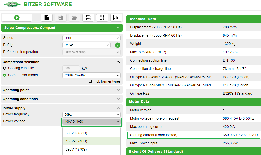Available motors and motor data for compact screw compressor CSH9573-240Y. "Starting current (Rotor locked)" indicates the measured current (root mean square, RMS) when the rotor is locked. This is the current for direct-on-line start in star wiring (650 A) or in delta wiring (2029 A) with a phase voltage of 400 V in this case. (The phase voltage for star-delta start always refers to the phase voltage in delta operation.)