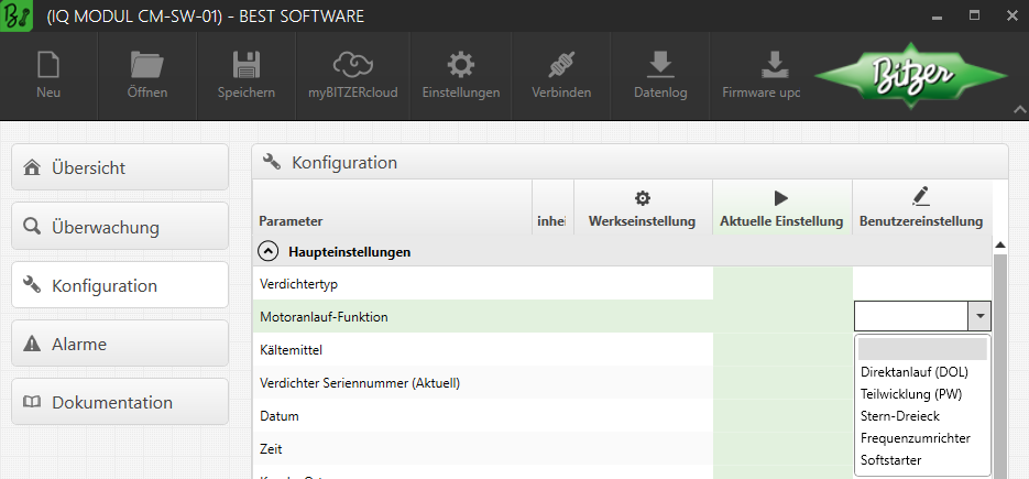 Wahl des Anlaufverfahrens in der Best Software, hier mit CM-SW-01.