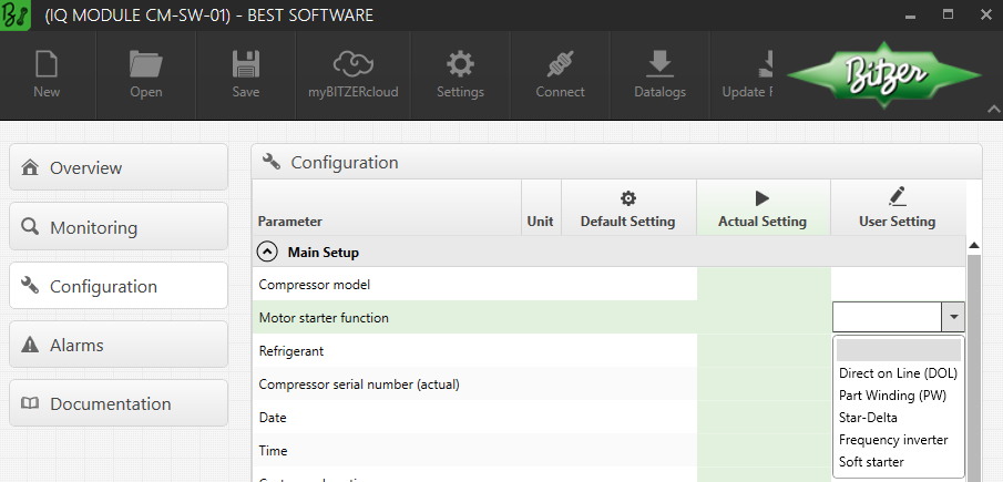 Choosing the starting mode in the Best Software, here with CM-SW-01.