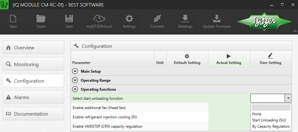 Choosing start unloading with the CM-RC in the Best Software. If the compressor features an integrated start unloading, select "Start Unloading (SU)".