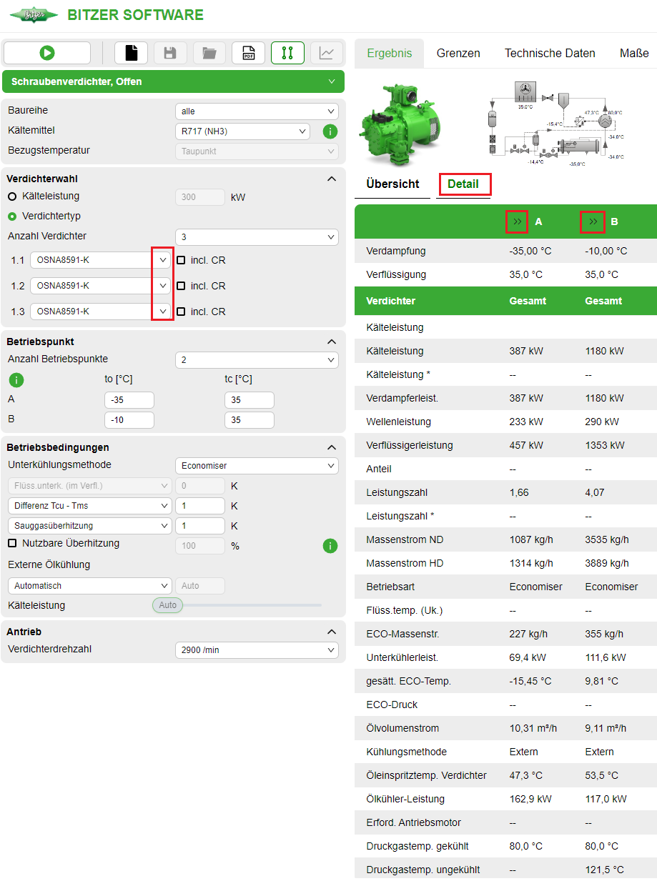 Details der Berechnung anzeigen und manuelle Verdichterauswahl