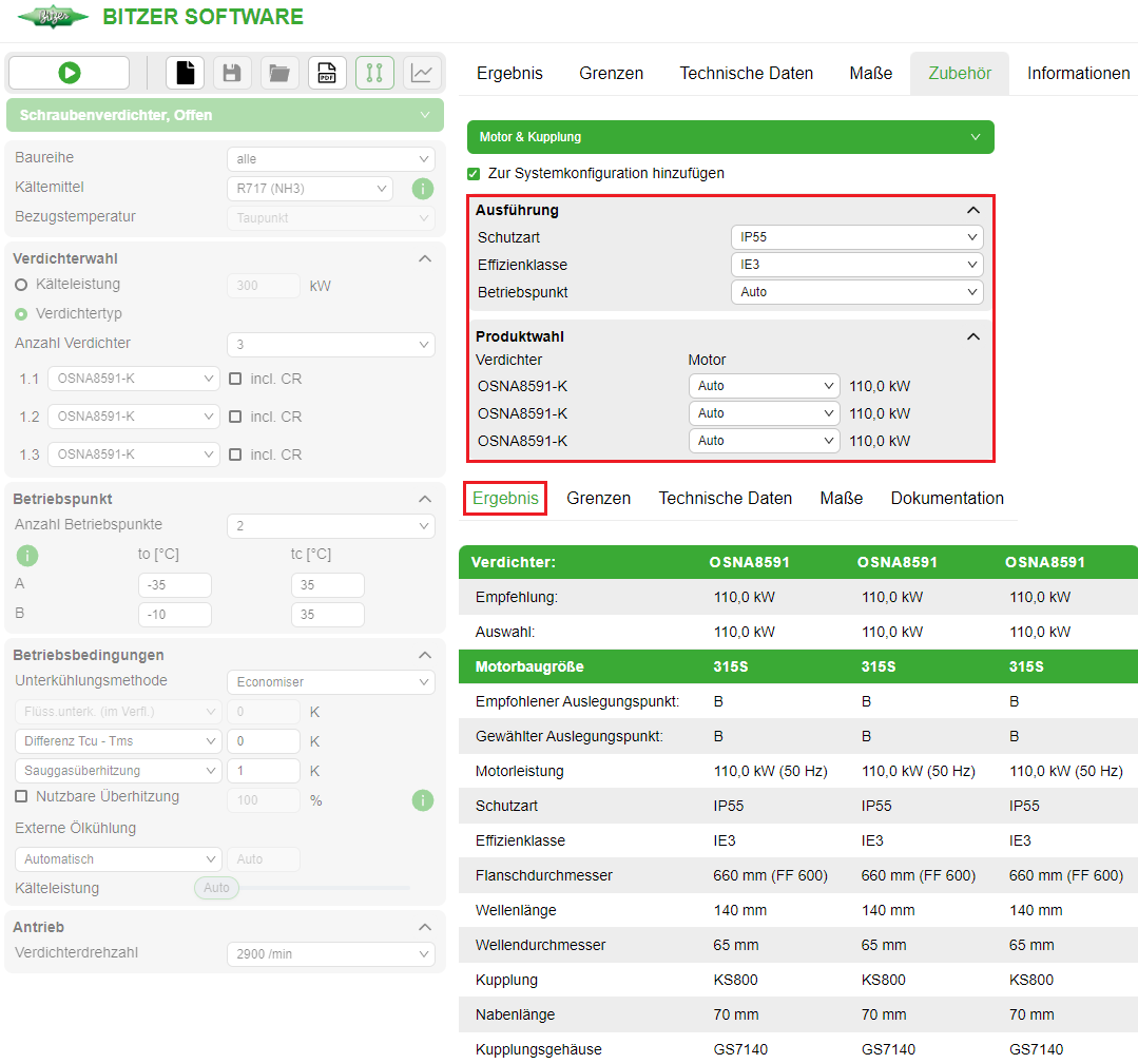 Motoren und Kupplungen auswählen mit der BITZER SOFTWARE