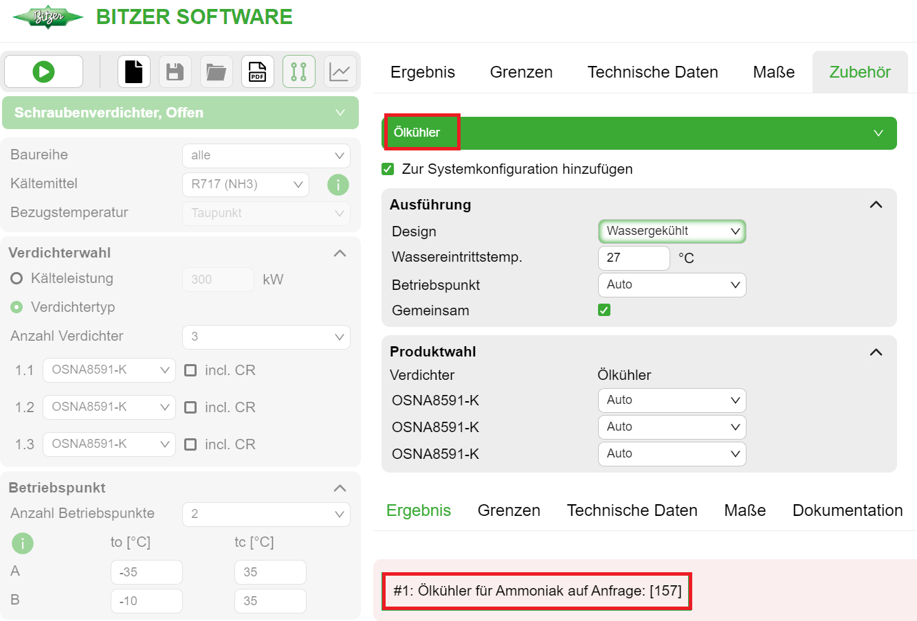 Ölkühler auswählen mit der BITZER SOFTWARE