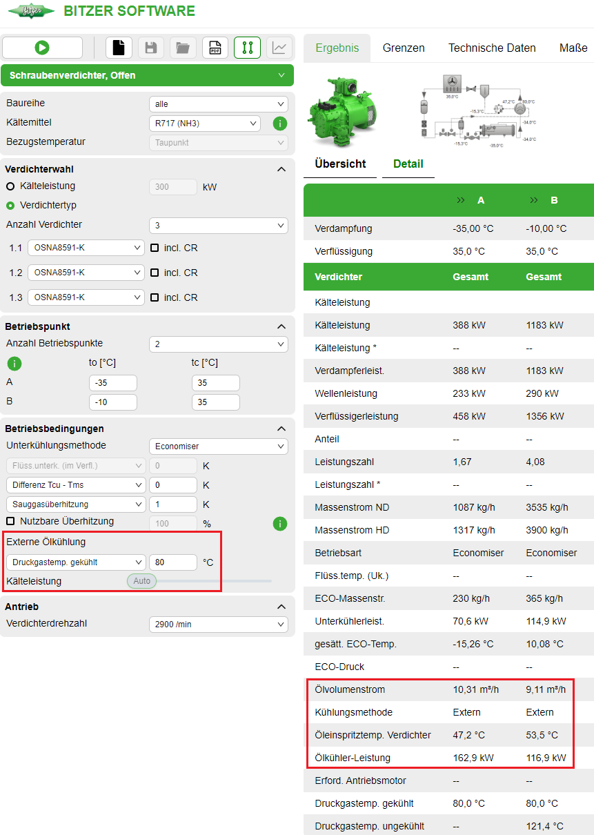 Relevante Daten und Angaben für die Wahl eines passenden Ölkühlers in der BITZER SOFTWARE. Hier wäre ein Ölkühler mit 162,9 kW Leistung nötig.