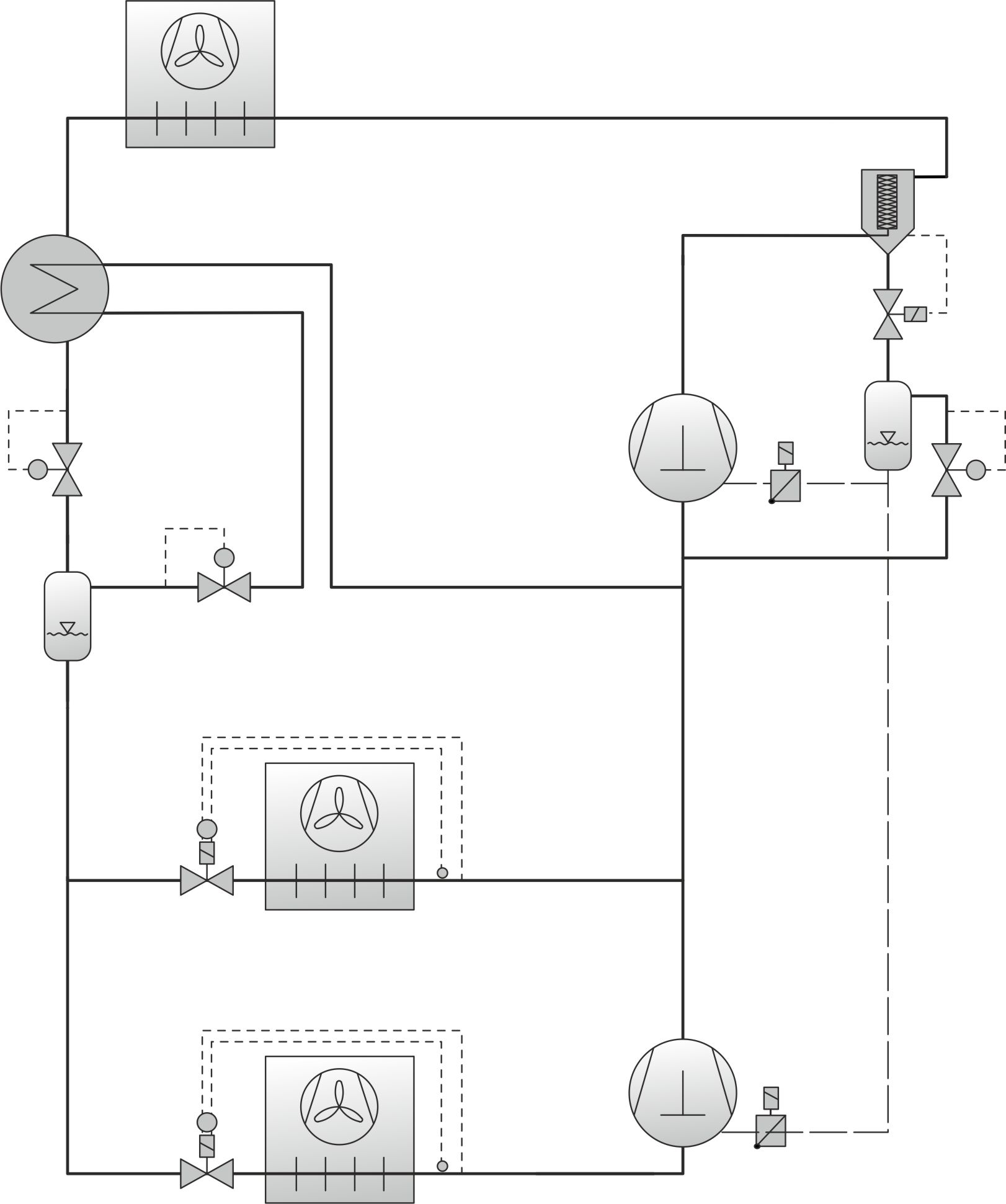 System diagram: Booster system for medium and low temperature application with flash gas bypass (simplified representation)