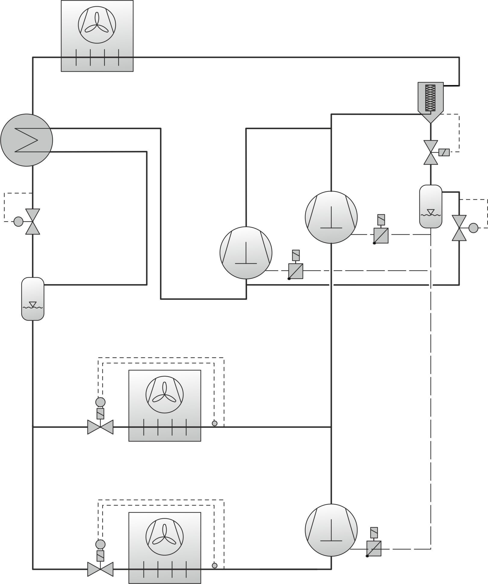 System diagram: Booster system for medium and low temperature application with parallel compression (simplified representation)