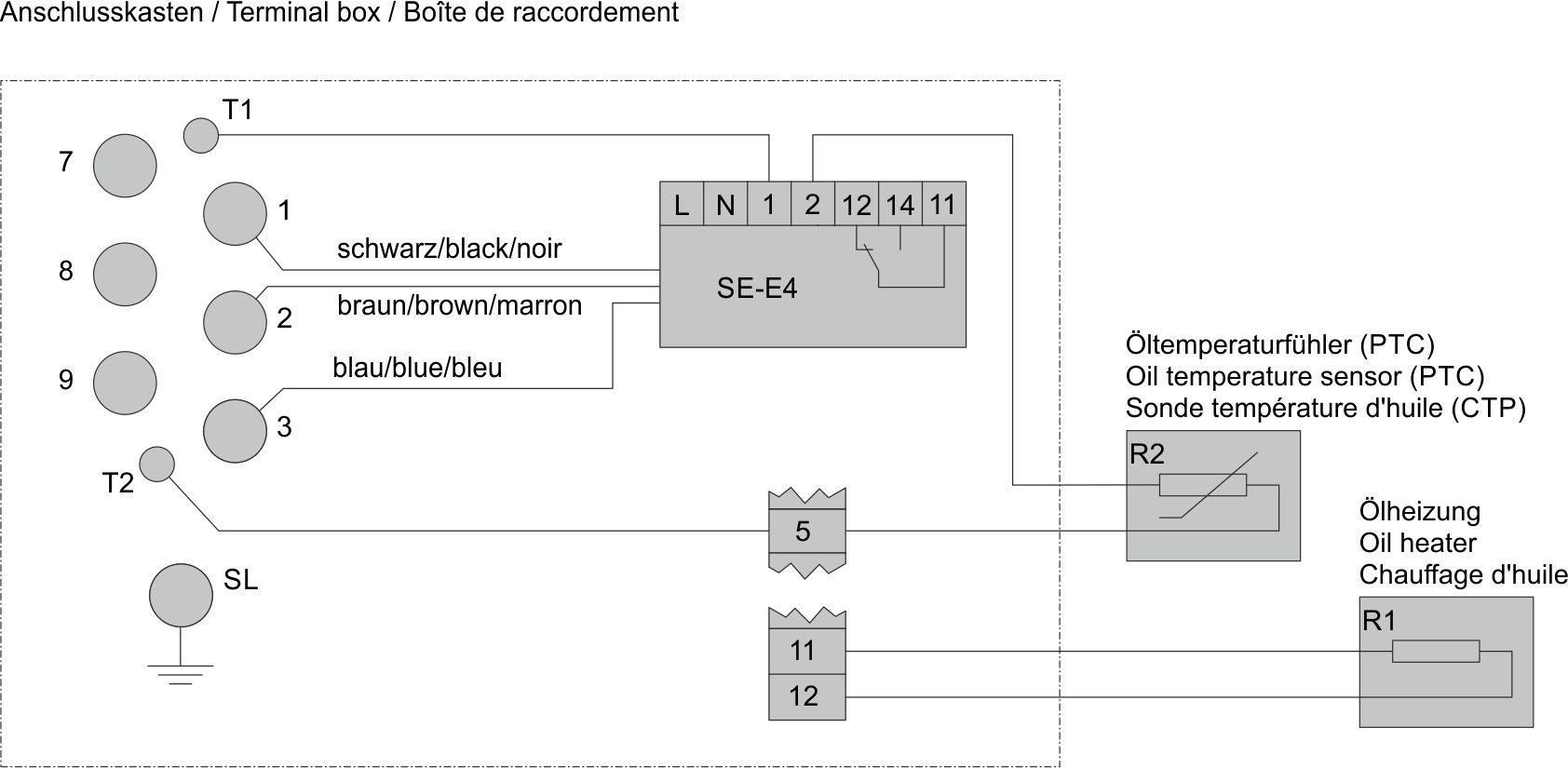 CSH and CSW screw compressors − Example: connection diagram for SE-E1 / SE-E3 protection devices with a sensor for discharge gas and/or oil temperature (R2) and an oil heater (R1)