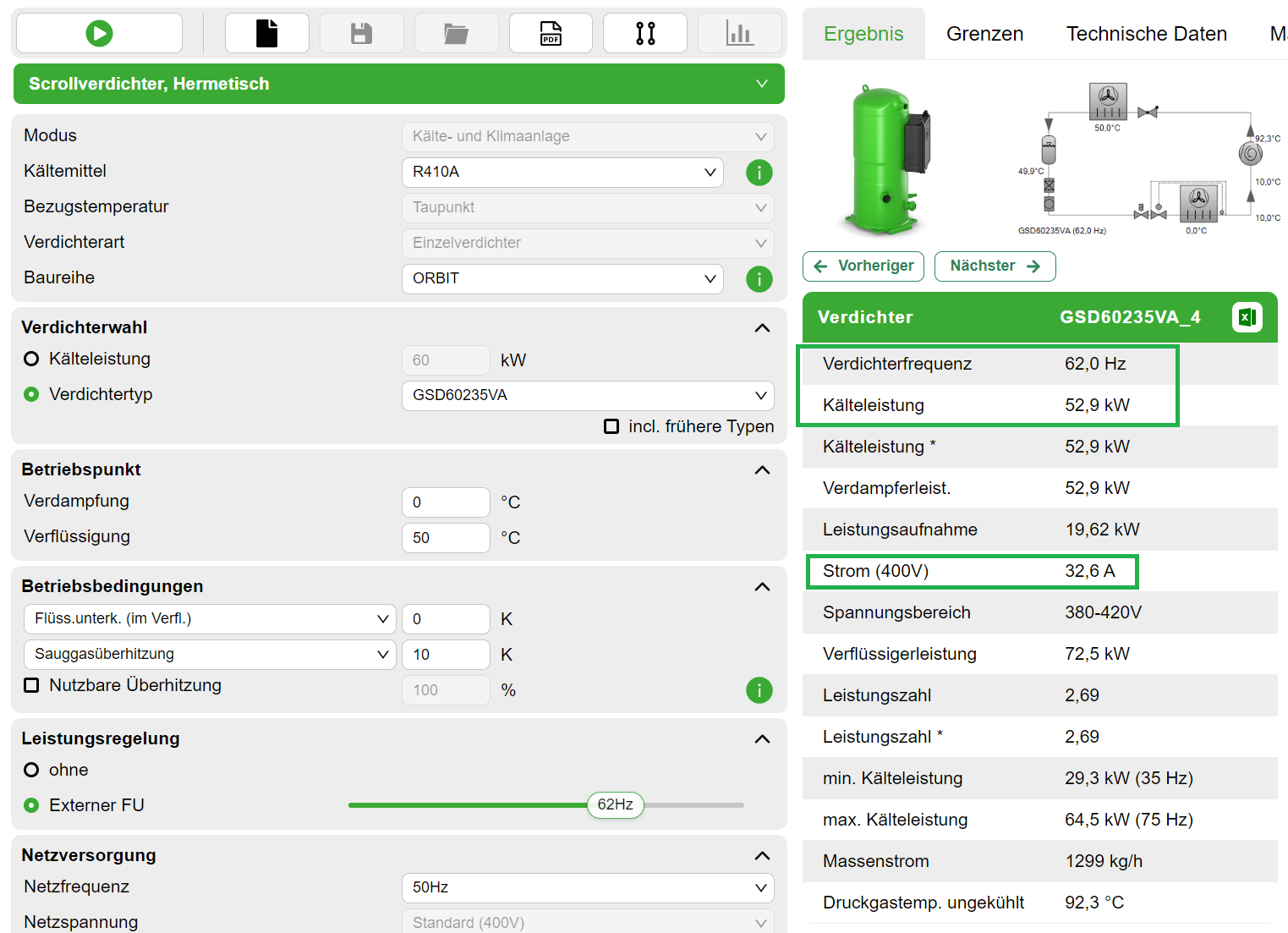 Die Bitzer Software zeigt Frequenz, Kälteleistung und Stromaufnahme (Spannung) für den gewählten Verdichter.