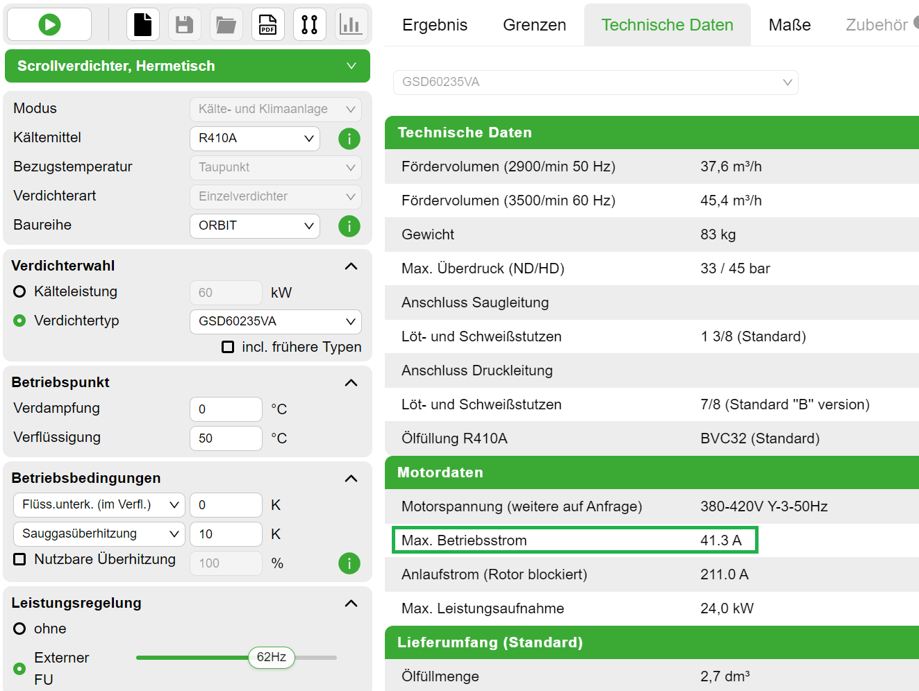Prüfen des maximalen Betriebsstroms in der Bitzer Software, um einen Frequenzumrichter zu wählen.