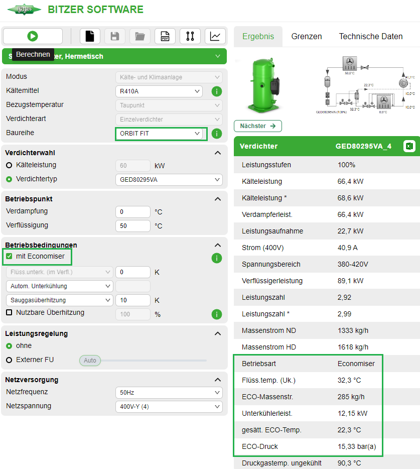 Leistungsdaten für Scrollverdichter im ECO-Betrieb in der BITZER SOFTWARE