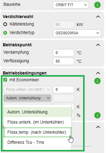 Wahloptionen für die Menge an Flüssigkeitsunterkühlung oder Temperaturdifferenz