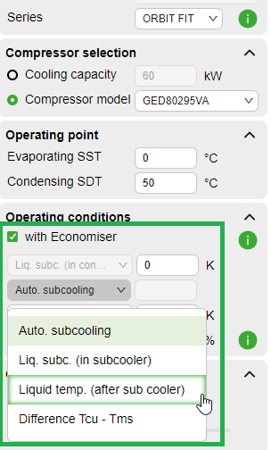 Options in specifying the amount of liquid subcooling or temperature difference