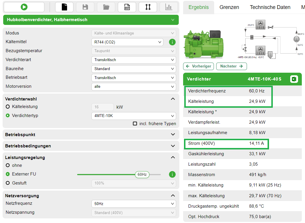 Die Bitzer Software zeigt Frequenz, Kälteleistung und Stromaufnahme (Spannung) für den gewählten Verdichter.