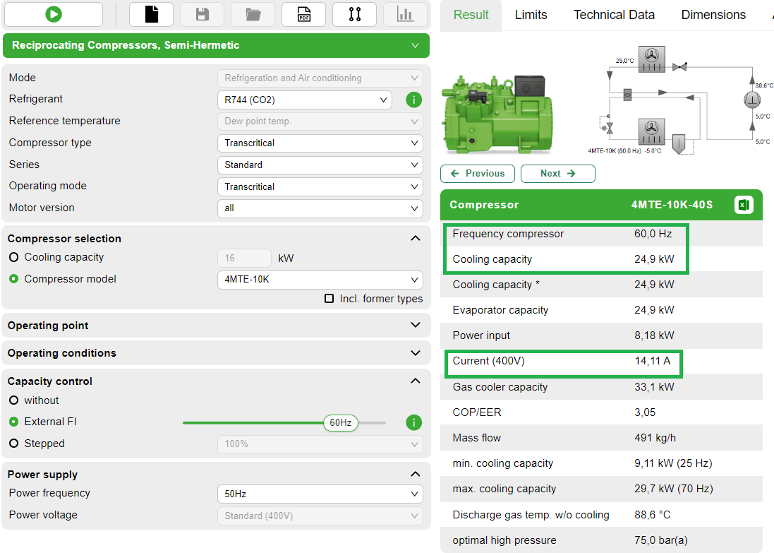 The Bitzer Software indicates frequency, cooling capacity and current consumption (voltage) for the chosen compressor.