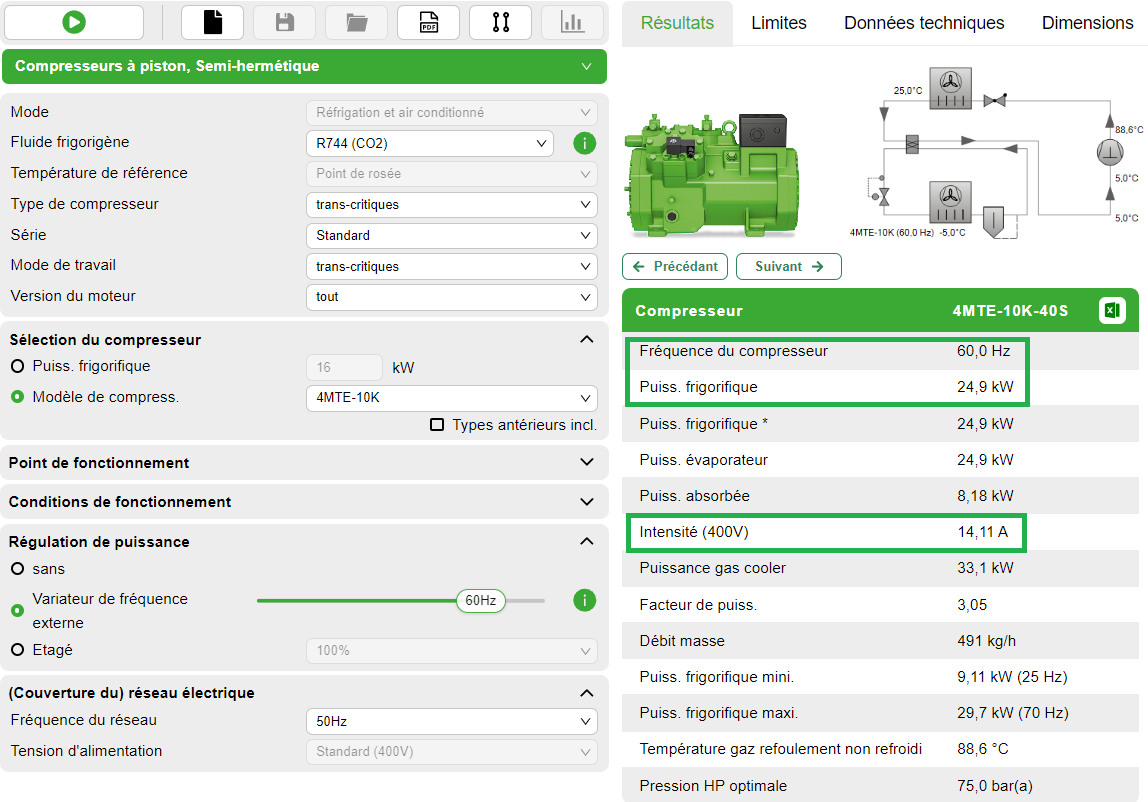 Bitzer Software affiche la fréquence, la puissance frigorifique et le courant absorbé (tension) du compresseur sélectionné.