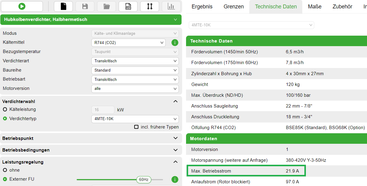 Der "Max. Betriebsstrom" aus der Bitzer Software (hier: 21,9 A) multipliziert mit einem verdichterspezifischen Faktor (für 4-Zylinder-Verdichter: F = 1,6) ergibt die nötige kurzfristige Überlastfähigkeit des Frequenzumrichters. Bei Bitzer Varipack Frequenzumrichtern ist dies bereits in der Auslegung berücksichtigt.