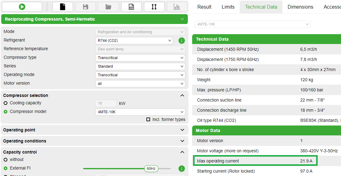 The "Max. operating current" indicated in the Bitzer software (here: 21.9 A) multiplied by the compressor-specific compensation factor (for 4 cylinder compressors: F = 1.6) gives the necessary short-term overload capacity of the frequency inverter. For Bitzer Varipack frequency inverters, this is already taken into account by design.