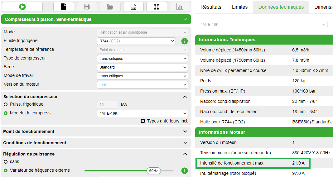 En multipliant le « Intensité de fonctionnement max. » indiqué dans Bitzer Software (ici : 21,9 A) par le facteur spécifique au compresseur (pour un compresseur à 4 cylindres : F = 1,6),on obtient la capacité de surcharge à court terme nécessaire du convertisseur de fréquences. Pour les convertisseur de fréquences Bitzer Varipack, cela est déjà pris en compte lors de la conception.