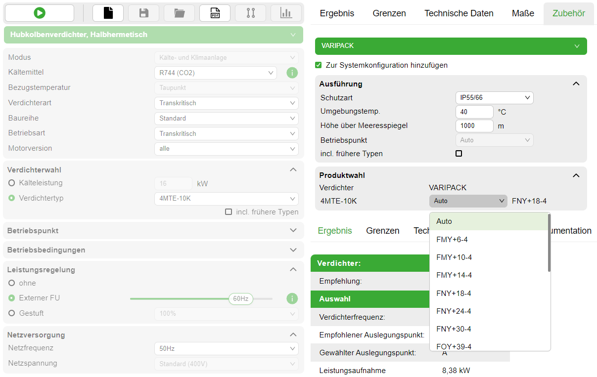Menü zur Wahl des Varipack Frequenzumrichters im Zubehörmodul der Bitzer Software.
