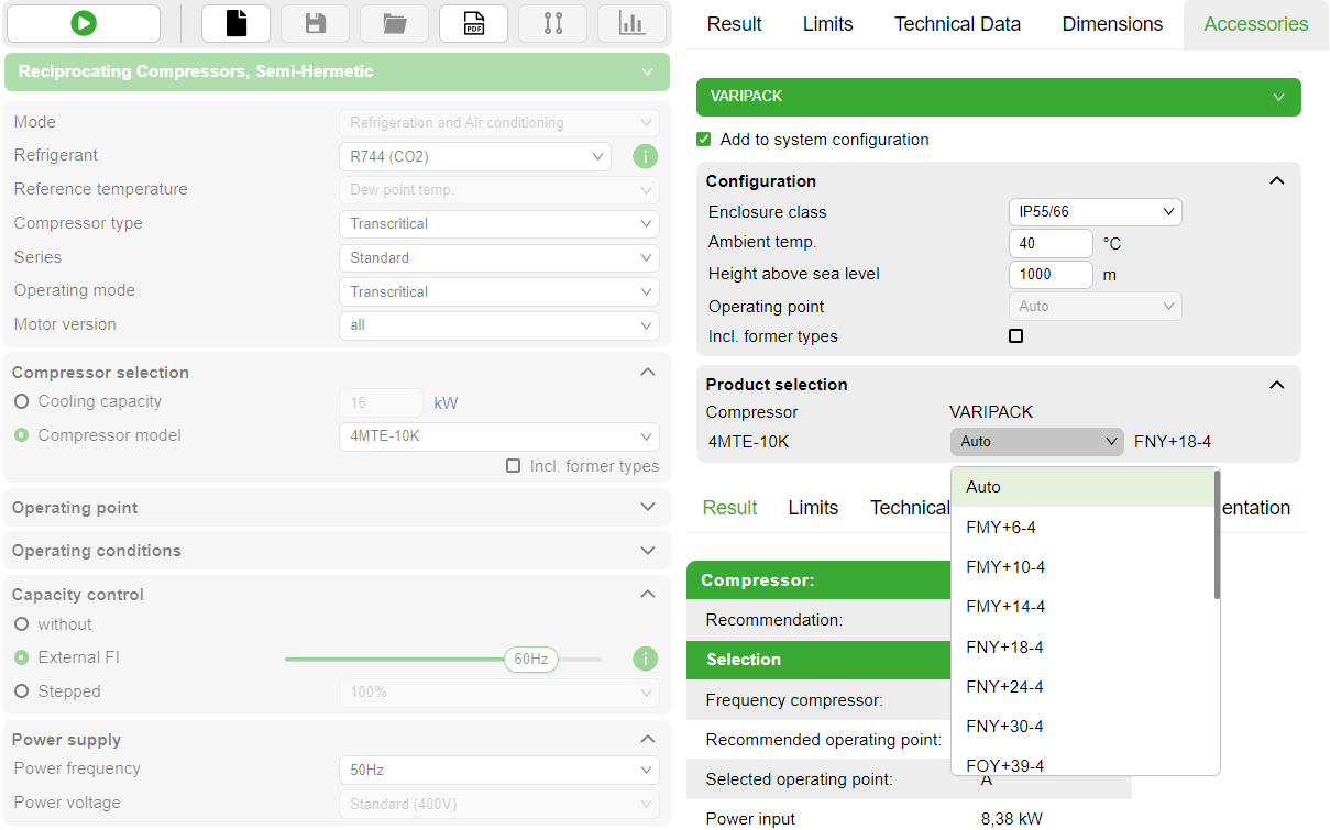 Menu for choosing the Varipack frequency inverter in the accessories module of the Bitzer software