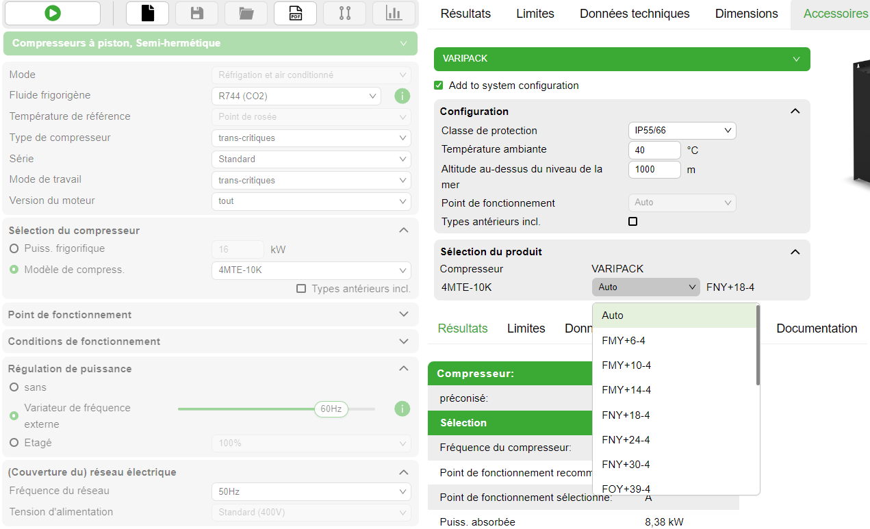 Menu pour la sélection du convertisseur de fréquences Varipack dans le module supplémentaire de Bitzer Software.