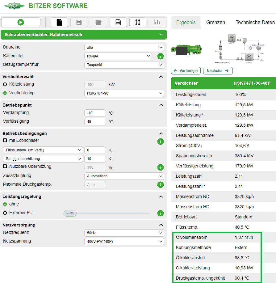 Die Software berechnet u.a. Ölvolumenstrom, Ölkühleraustrittstemperatur und Ölkühler-Leistung.
