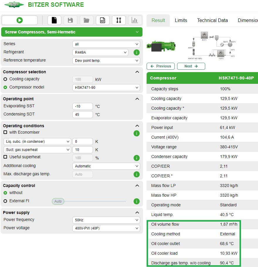 Among other parameters, the software calculates oil volume flow, oil cooler outlet temperature and oil cooler load (oil cooler capacity).