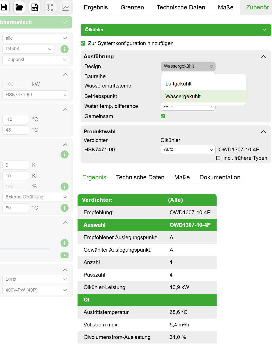 Wahl des Zubehörs: Die Software schlägt geeignete Ölkühler vor.