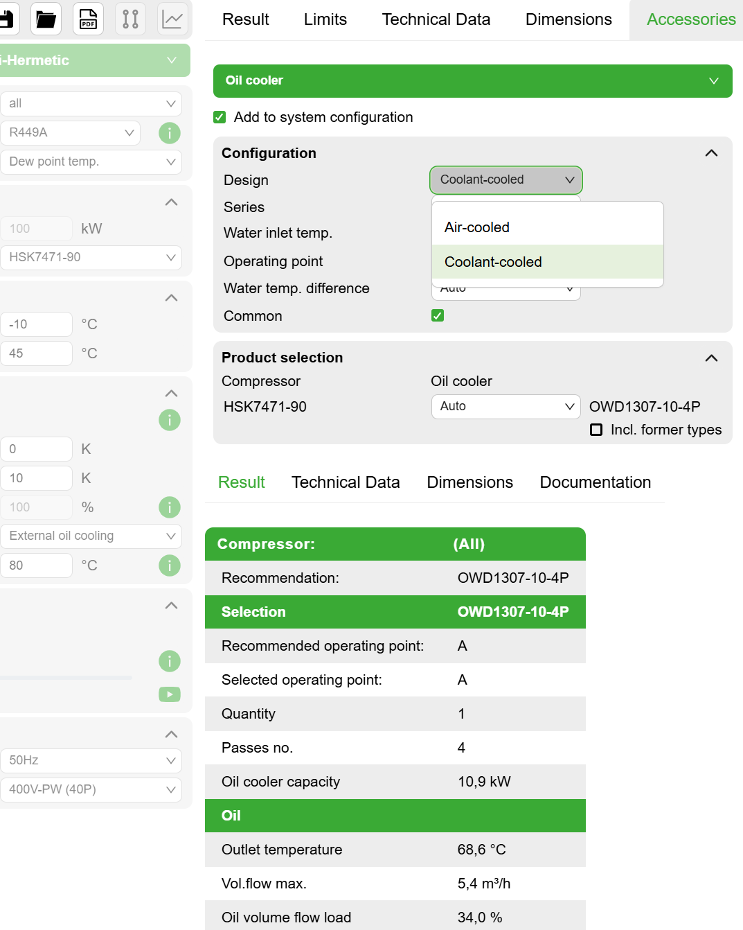 Selection of accessories: The software suggests suitable oil coolers.