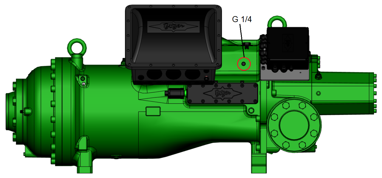 Seitenansicht HS.9593, rot umrandet die zusätzliche Bohrung mit Gewindestift (entspricht Position 24 in der Maßzeichnung, siehe Betriebsanleitung SB-110 oder Bitzer Software)