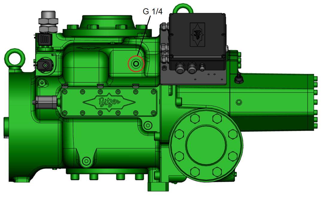 Seitenansicht OS.A9593 .. OS.A95103, rot umrandet die zusätzliche Bohrung mit Gewindestift (entspricht Position 24 in der Maßzeichnung, siehe Betriebsanleitung SB-520 oder Bitzer Software)