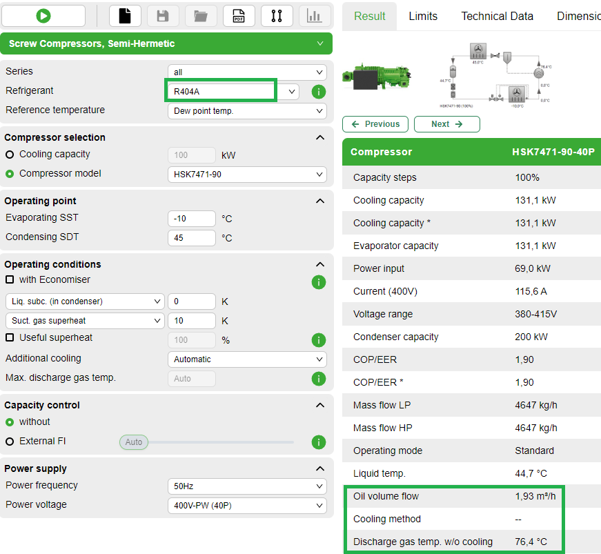 No external oil cooling is necessary for the refrigerant R404A and the given conditions.