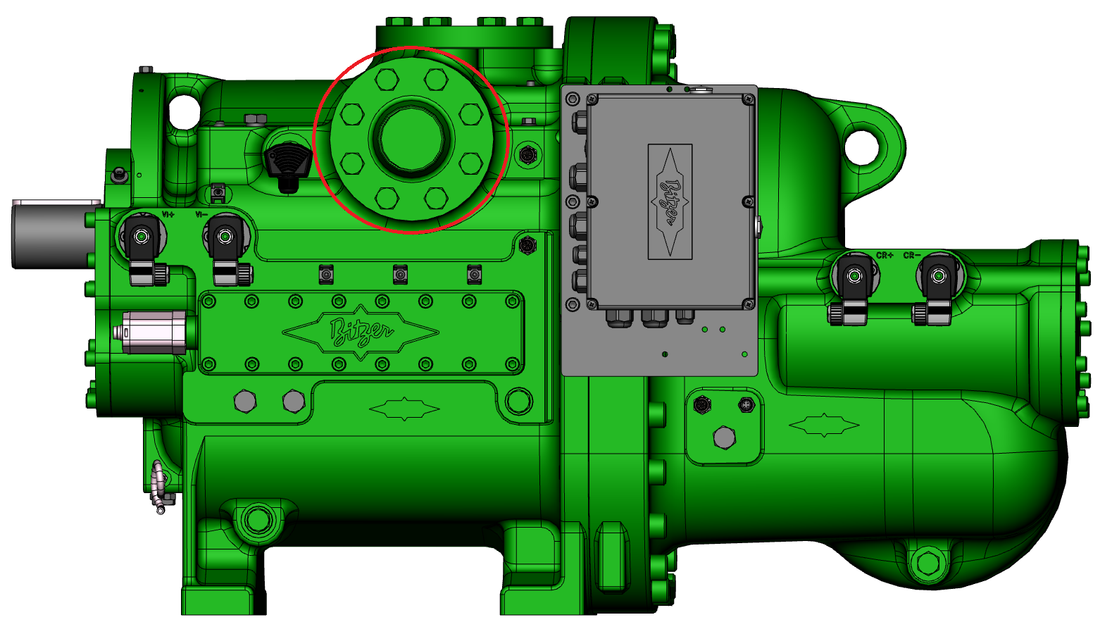Seitenansicht OS.A10583 .. OS.A10593, rot umrandet das Schutzblech des Ölanschlusses, hinter dem sich u.a. die 3 Bohrungen für die Öleinspritzung befinden (DN65, entspricht Position 5 in der Maßzeichnung)