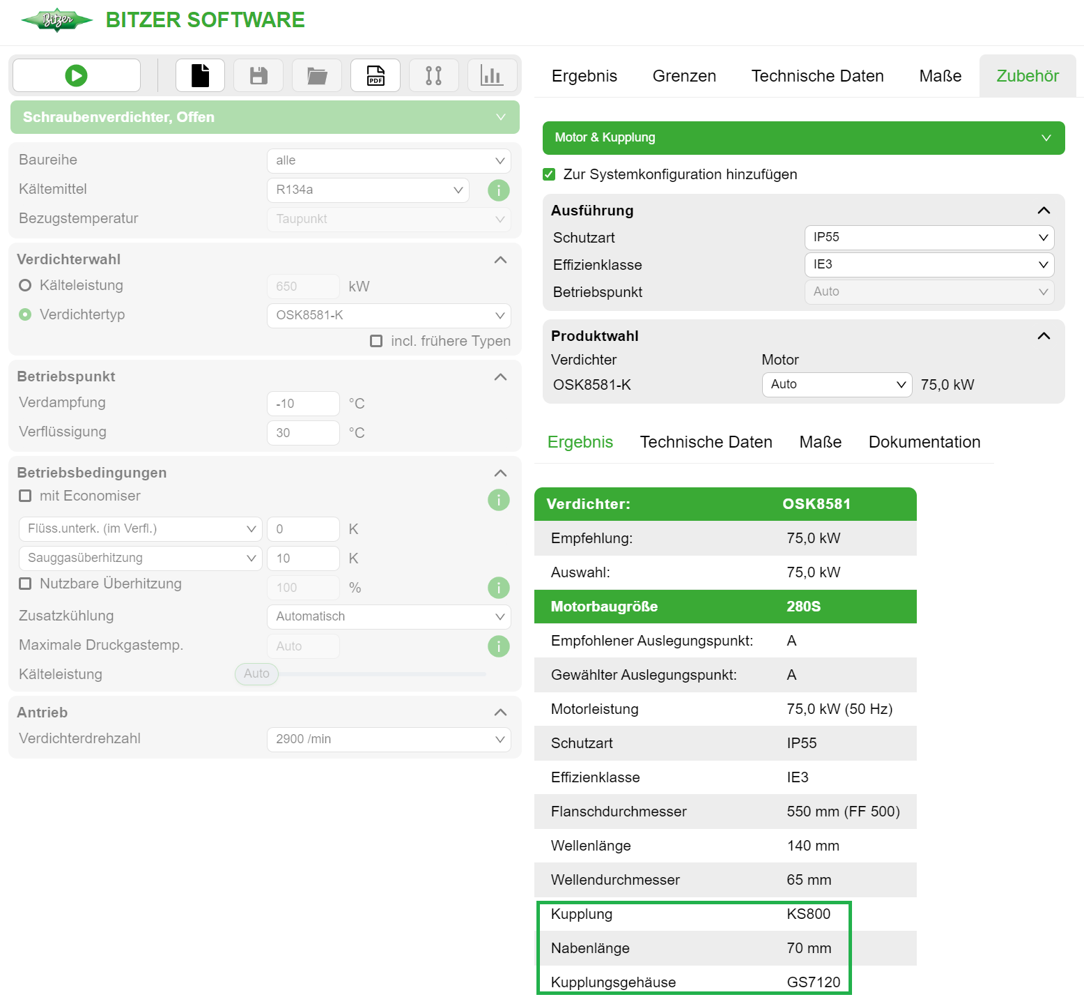 Motor, Kupplung und Kupplungsgehäuse auswählen im Zubehör-Modul der BITZER SOFTWARE