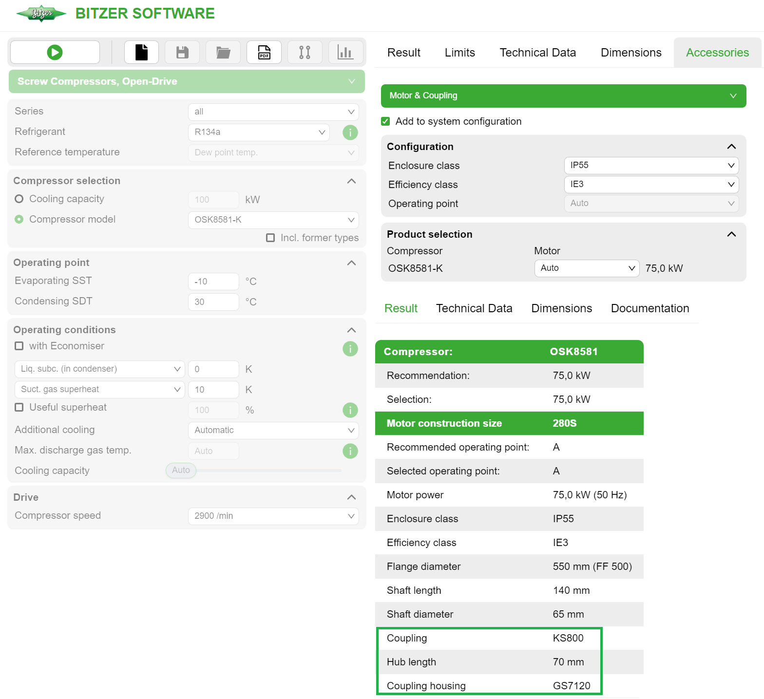 Choosing motor, coupling and coupling housing in the accessory module in the BITZER SOFTWARE