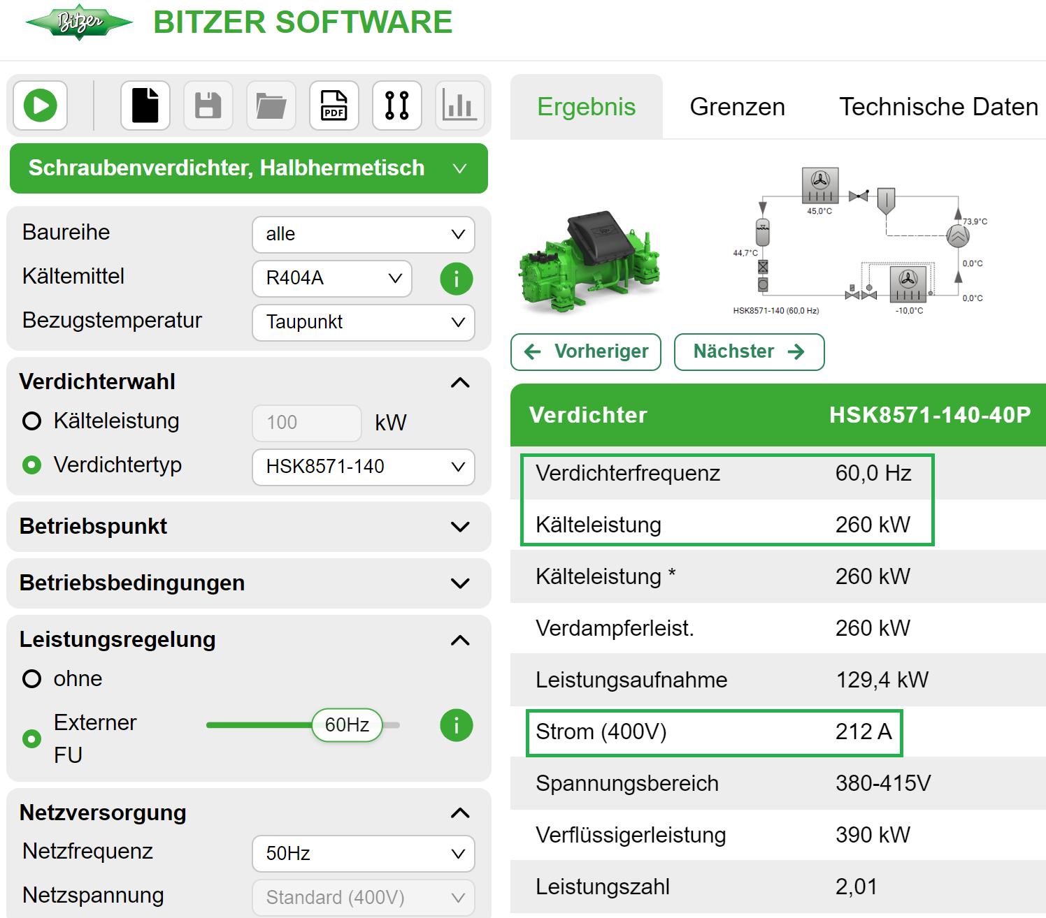 Die Bitzer Software zeigt Frequenz, Kälteleistung und Stromaufnahme (Spannung) für den gewählten Verdichter.