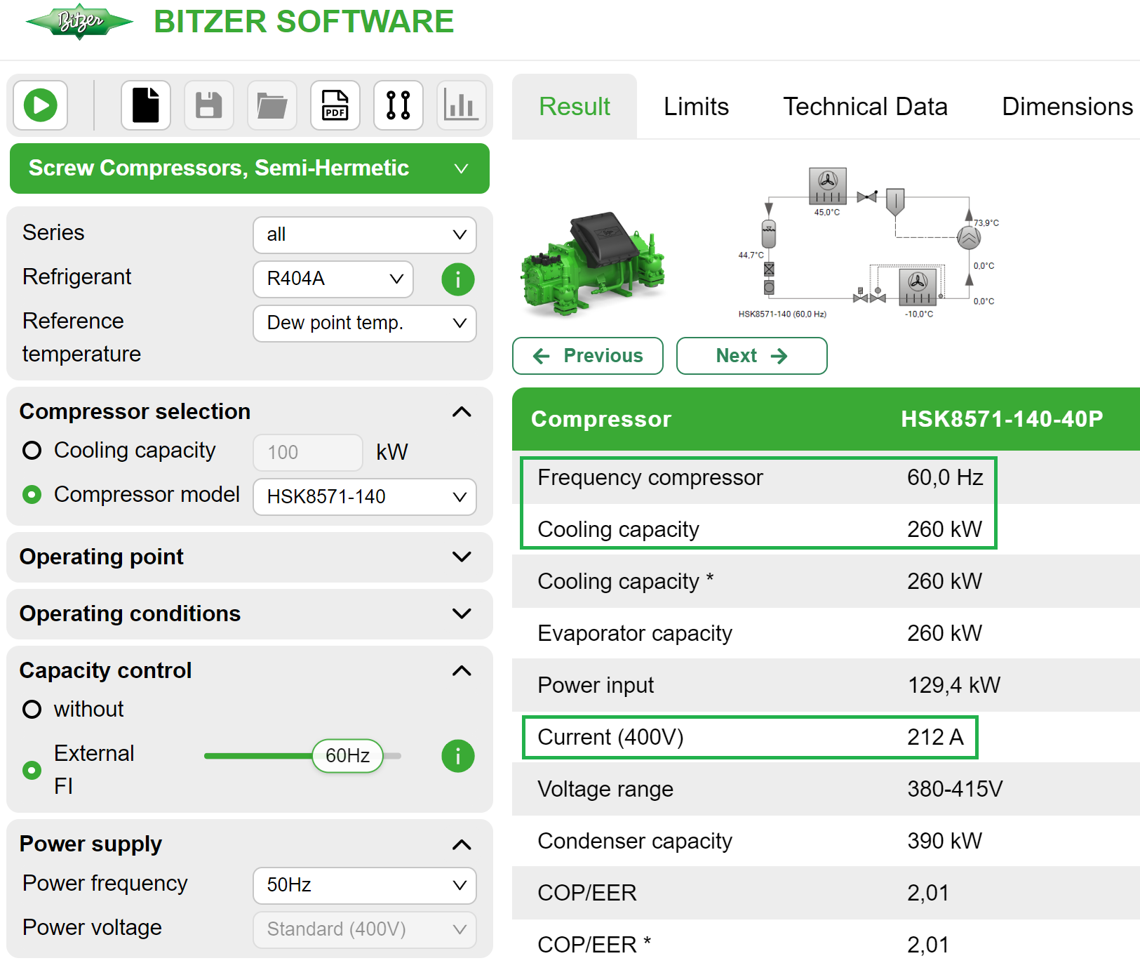 The Bitzer Software indicates frequency, cooling capacity and current consumption (voltage) for the chosen compressor.