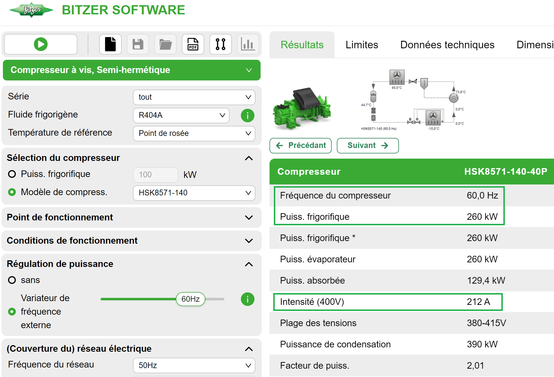 Bitzer Software affiche la fréquence, la puissance frigorifique et l'intensité (tension) du compresseur sélectionné.