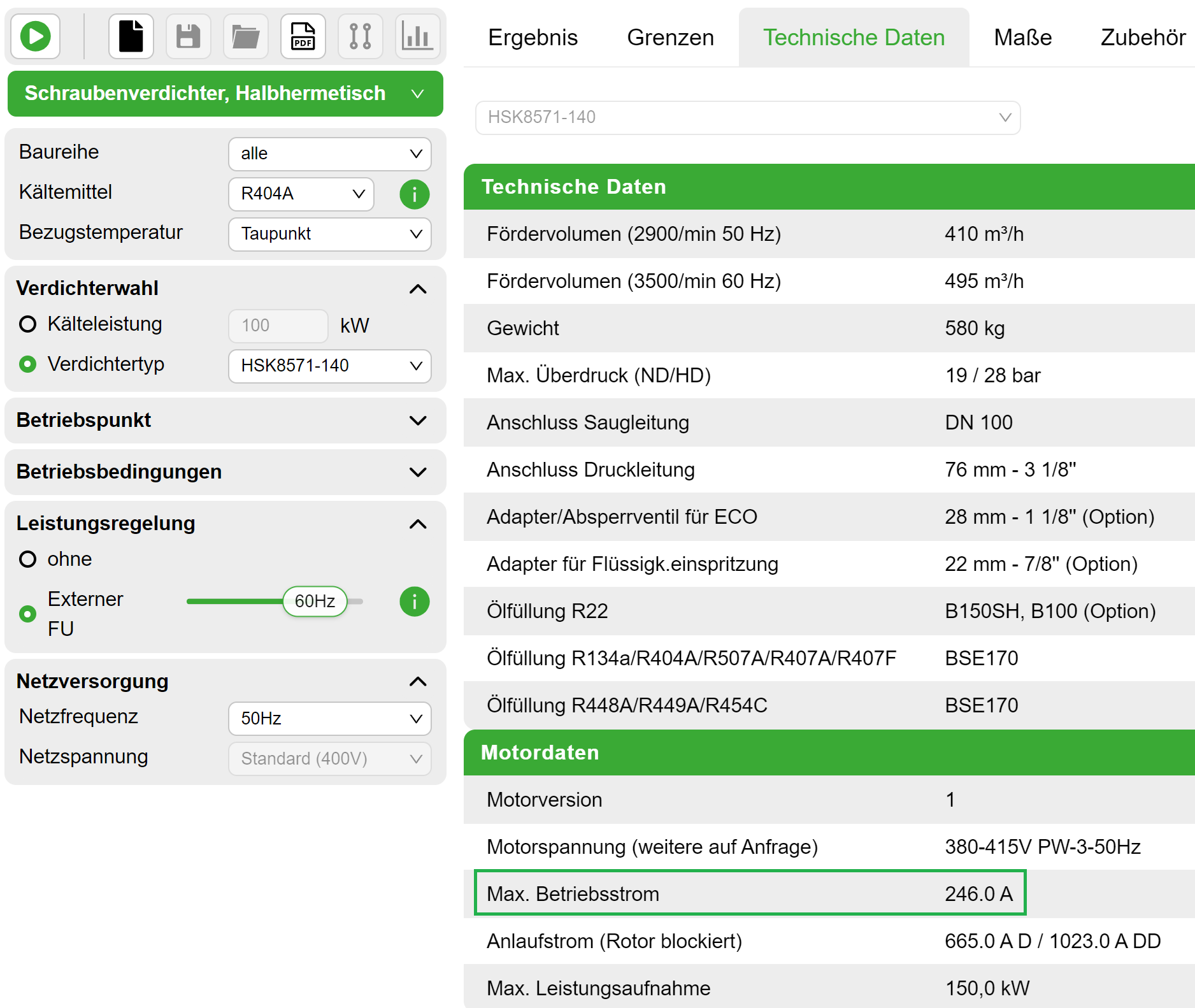 Der "Max. Betriebsstrom" aus der Bitzer Software (hier: 246 A) multipliziert mit einem verdichterspezifischen Faktor (für Schraubenverdichter: FS = 1,2) ergibt die nötige kurzfristige Überlastfähigkeit des Frequenzumrichters. Bei Bitzer Varipack Frequenzumrichtern ist dies bereits in der Auslegung berücksichtigt.