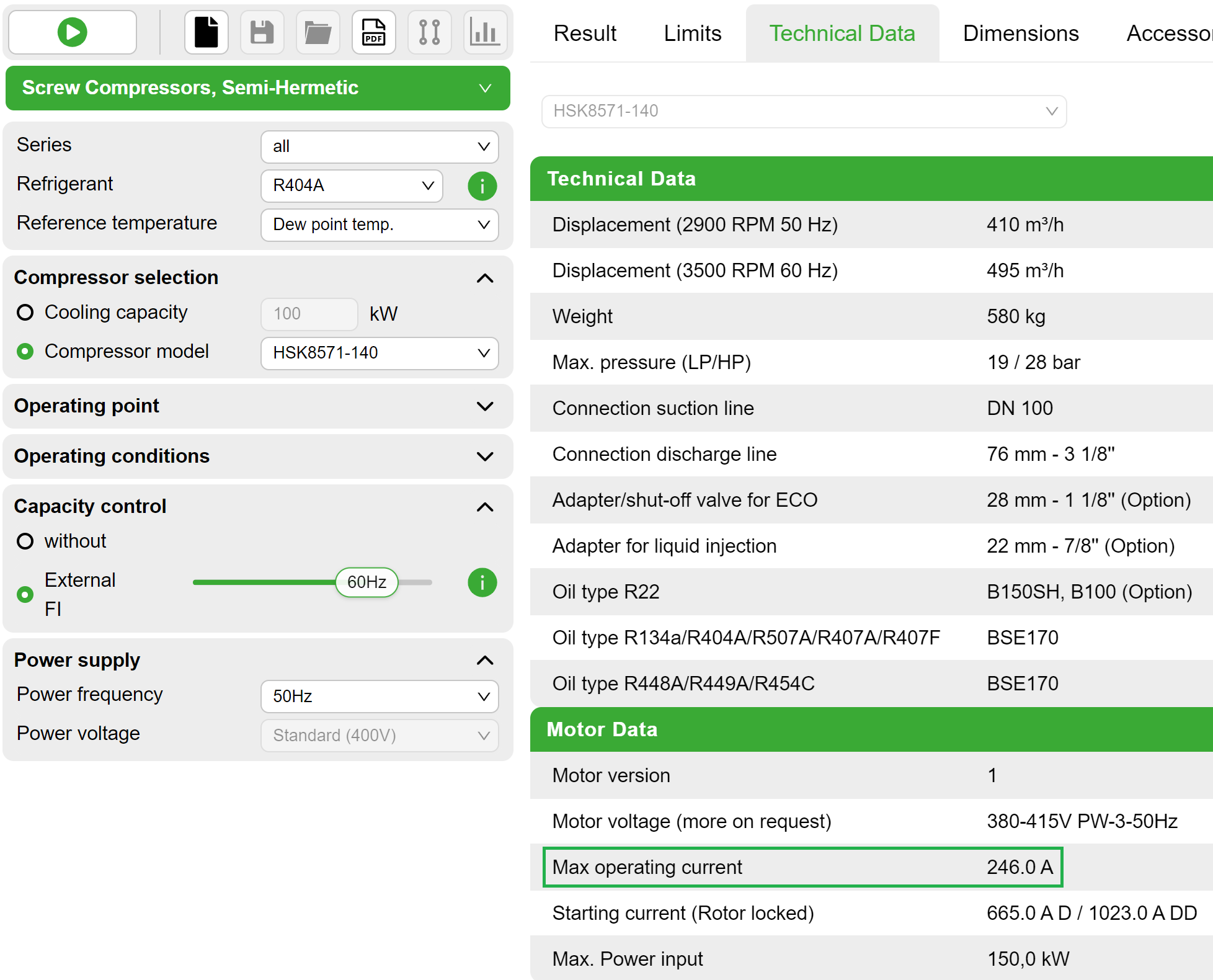The "Max. operating current" indicated in the Bitzer Software (here: 246 A) multiplied by the compressor-specific compensation factor (for screw compressors: FS = 1.2) gives the necessary short-term overload capacity of the frequency inverter. For Bitzer Varipack frequency inverters, this is already taken into account by design.