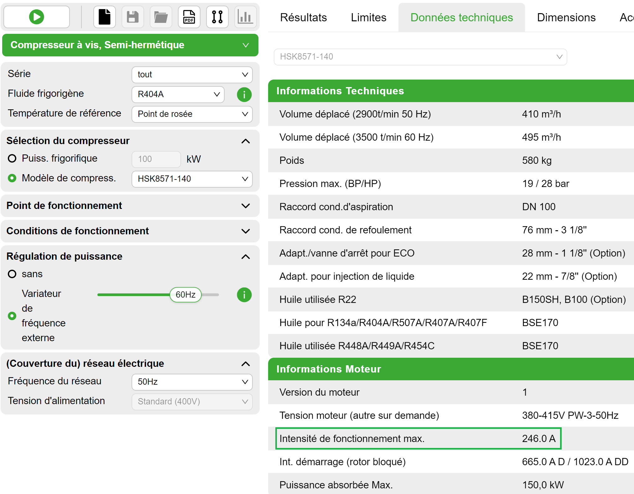 En multipliant le « Intensité de fonctionnement max. » indiqué dans Bitzer Software (ici : 246 A) par le facteur spécifique au compresseur (pour un compresseur à vis : FS = 1,2), on obtient la capacité de surcharge à court terme nécessaire du convertisseur de fréquences. Pour les convertisseur de fréquences Bitzer Varipack, cela est déjà pris en compte lors de la conception.